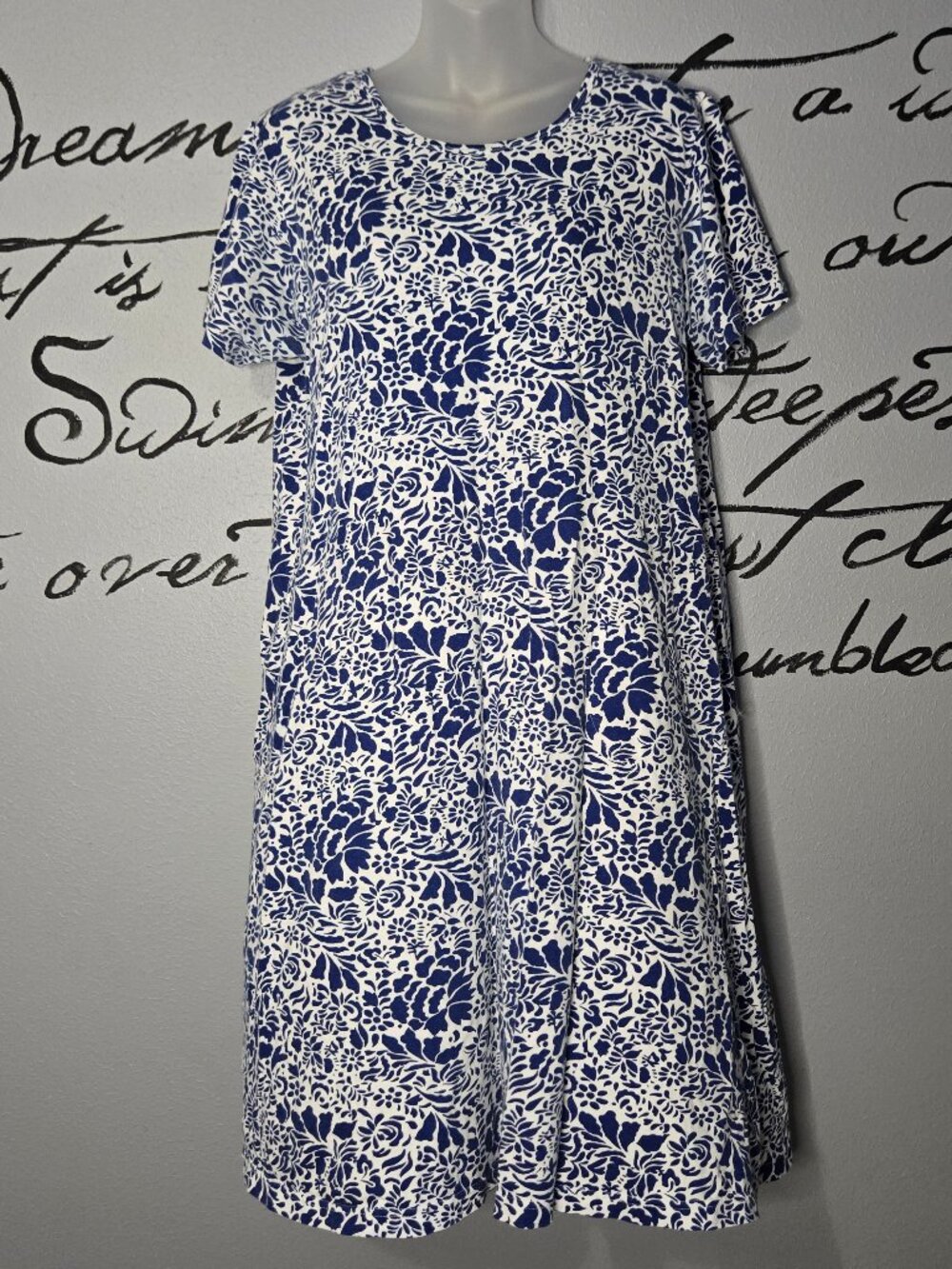 La Cera Blue Floral Shift Dress Pockets, Lounge Dress, L